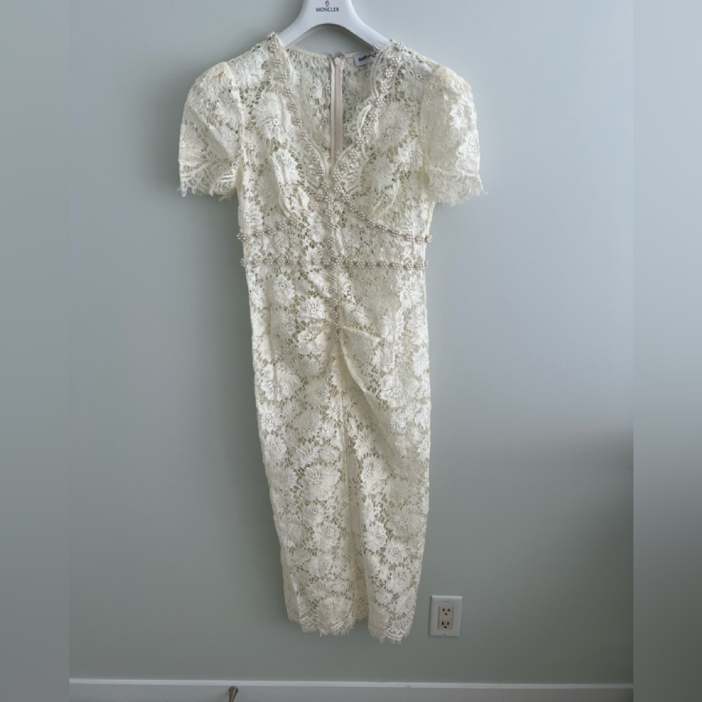 Self Portrait CREAM FINE LACE PEARL MIDI DRESS - Picture 3 of 5